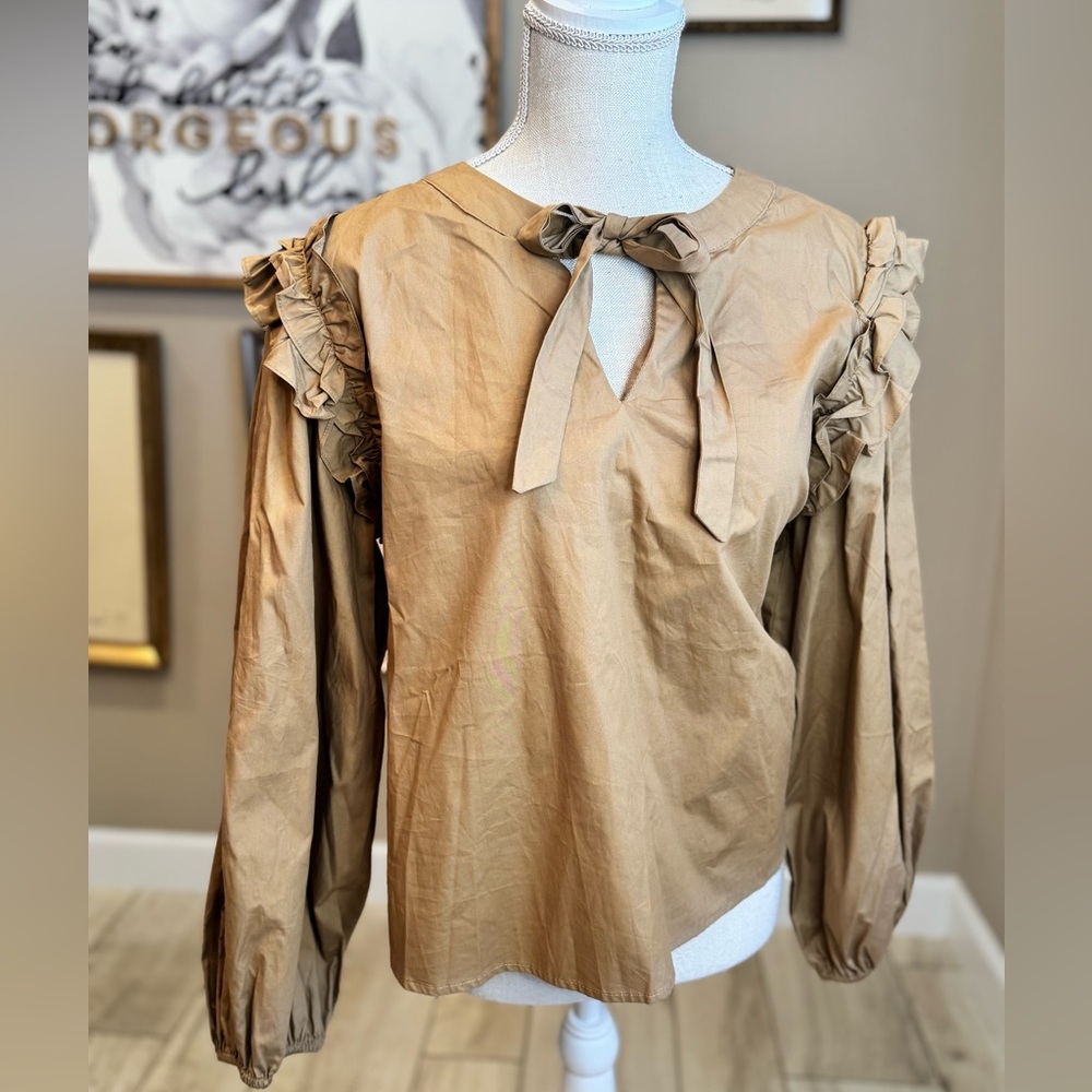 NWT! JODIFL Camel Tan Ruffle and Bow Blouse - Picture 3 of 8